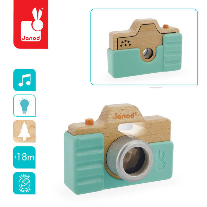 Drewniany aparat fotograficzny z dźwiękiem i lampą błyskową 18 m+ J05381-Janod, zabawka dla najmłodszych