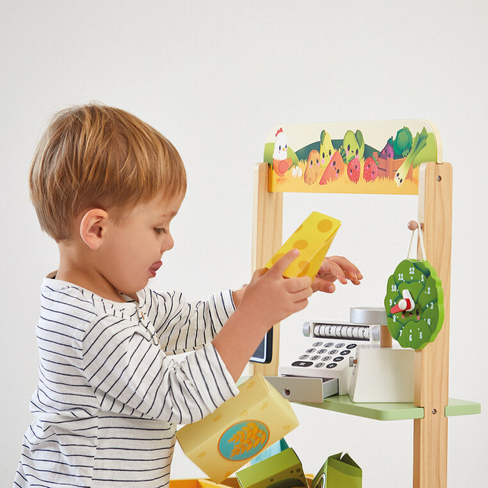 Duży sklep warzywniak z drewna i komplet akcesoriów 50 el. Farma J03322 Janod