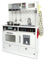 Drewniana kuchnia dla dzieci Biała nowoczesność z dźwiękiem oraz światłem i akcesoriami, zabawa w gotowanie