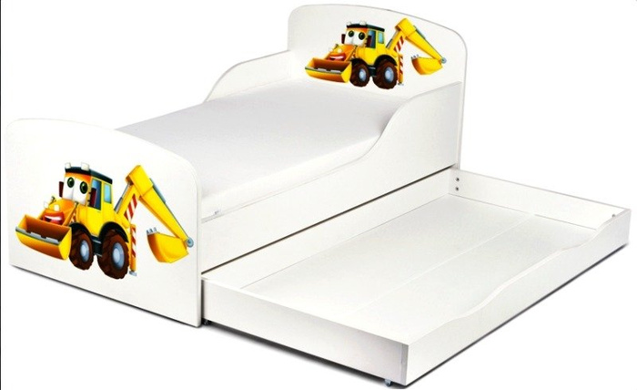 Białe łóżko dziecięce z szufladą drewniane Pracowita koparka