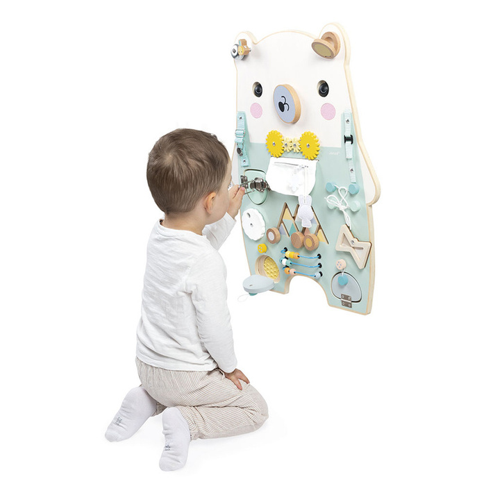 Duża drewniana tablica manipulacyjna 20 aktywności Miś Pure Janod J05162