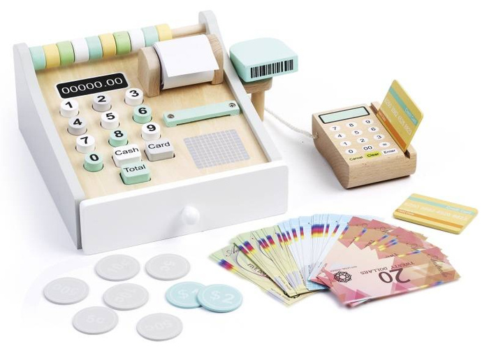 Drewniana kasa dla dzieci z czytnikiem kart 246256 Daisy, zabawa w sklep