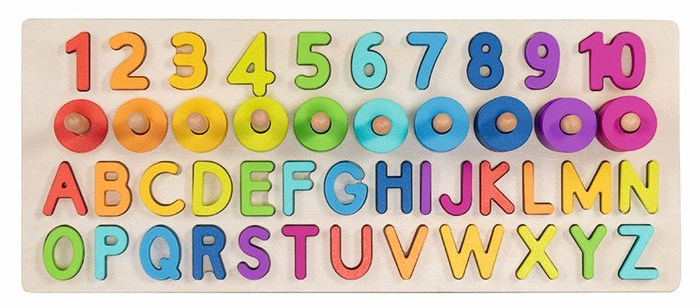 Drewniana układanka sorter nauka liczenia cyfr liter i kolorów Goki 58357 zabawka edukacyjna
