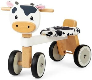 Drewniany rowerek jeździk dla dzieci 4-kołowy Łaciata Krówka Bigjigs 36057