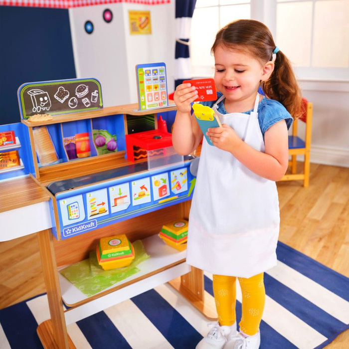 Drewniana restauracja 2w1 Stanowisko małego szefa kuchni KidKraft KK20256 z światłem i dźwiękiem