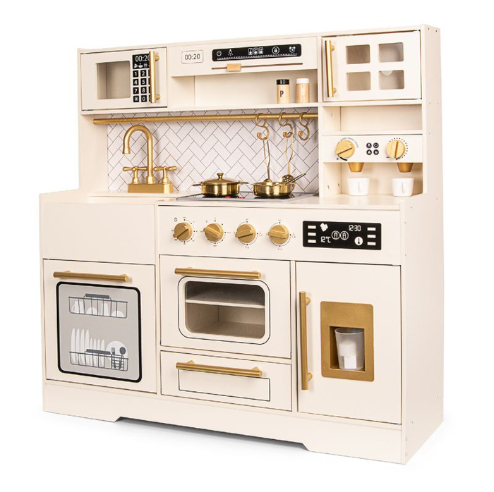 Drewniana kuchnia dla dzieci z płytą indukcyjną światłem i dźwiękiem oraz złotymi akcesoriami