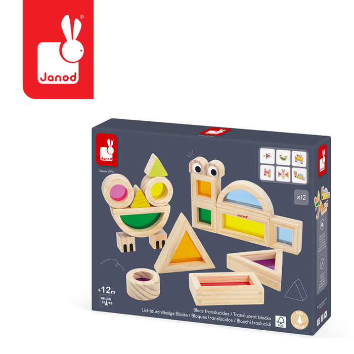 Klocki drewniane przeźroczyste kolorowe sensoryczne Janod J05306