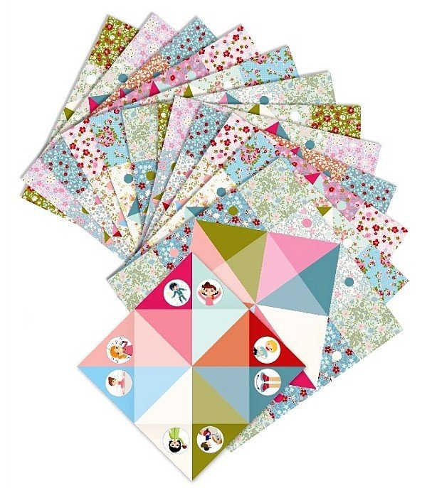 Pastelowe, wzorzyste arkusze (24 sztuki) z naklejkami (192 sztuki) - zestaw do origami i zabawy z przyjaciółmi "Wyzwanie", DJ08773-Djeco, zabawki kreatywne