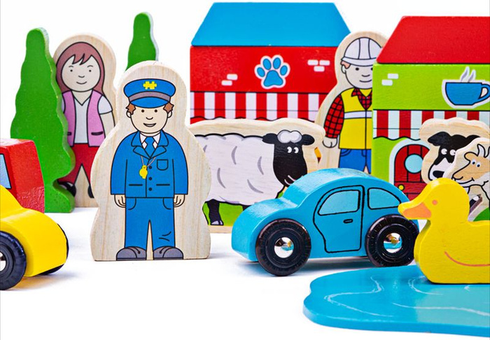 Zestaw akcesoriów do kolejki dla dzieci Bigjigs Rail BJT054 budynki figurki drewniane