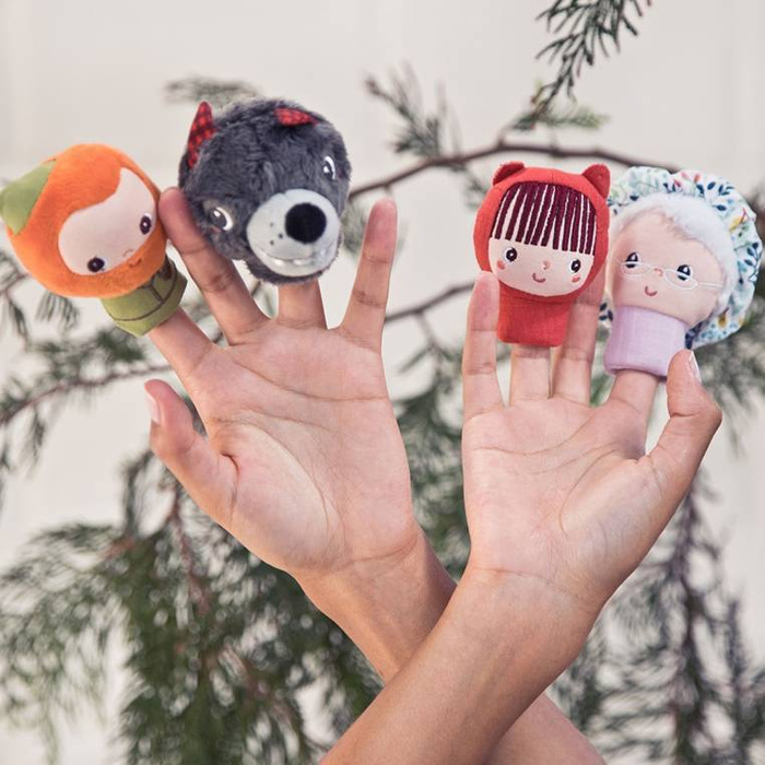 Zestaw 4 pacynek na palec Czerwony Kapturek babcia wilk i gajowy 83405 Lilliputiens