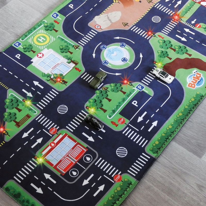 Mata animacyjna Droga 72 x 120 cm i 3 samochodziki Sygnalizacja świetlna Buki 5702 maty edukacyjne