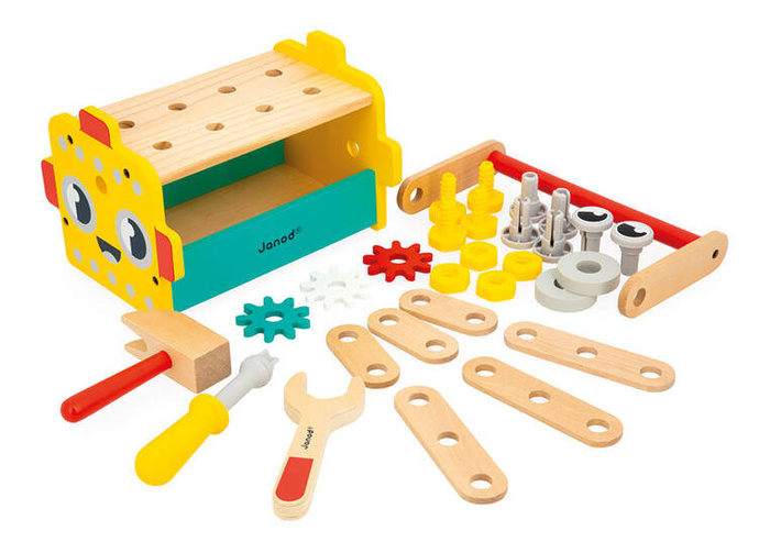 Skrzynka z narzędziami dla małego majsterkowicza Robot Brico Kids Janod J06455 drewniane zabawki dla dzieci