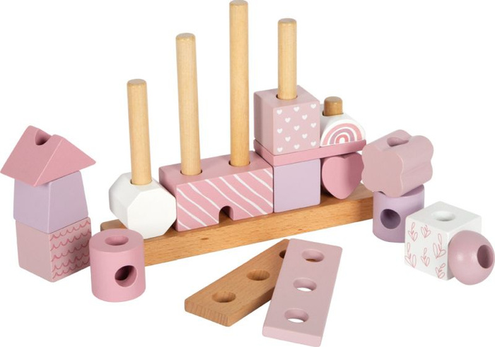 Klocki dla dzieci układanka na drewnianych palikach Różowy domek Small Foot 12713