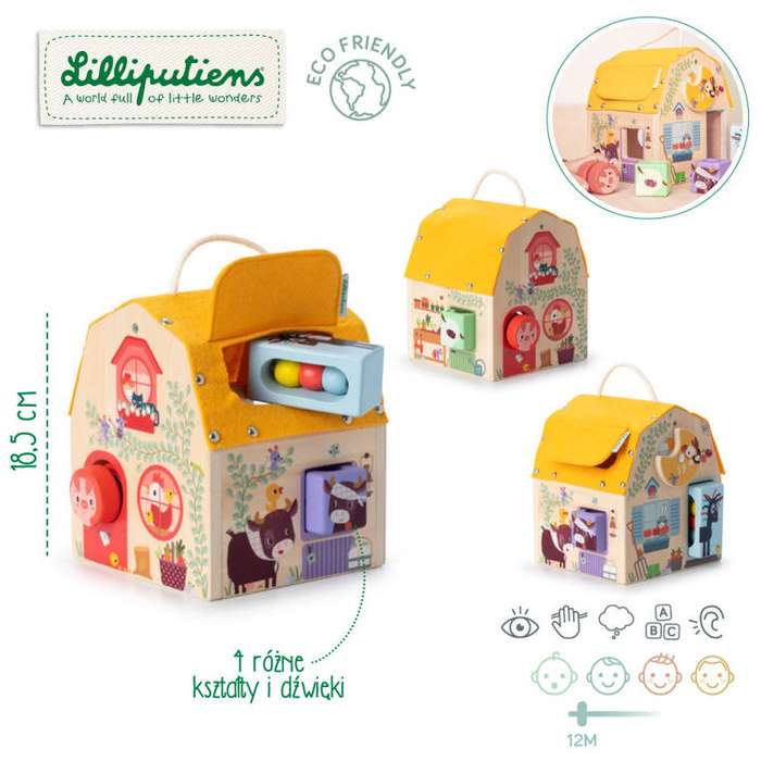 Drewniany domek dźwiękowy wielofunkcyjny z sorterem Farma 83445 Lilliputiens