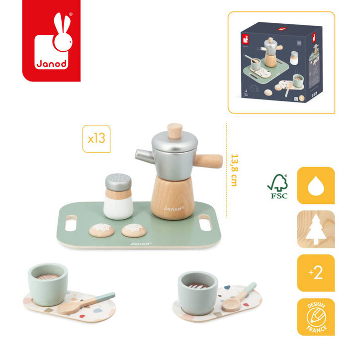 Drewniana kawiarka z akcesoriami Kawa po włosku Janod J06630 zestaw serwis kawowy
