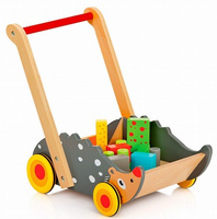 Drewniany wózek do pchania z kolorowymi klockami, Jeż Jurek, zabawki drewniane