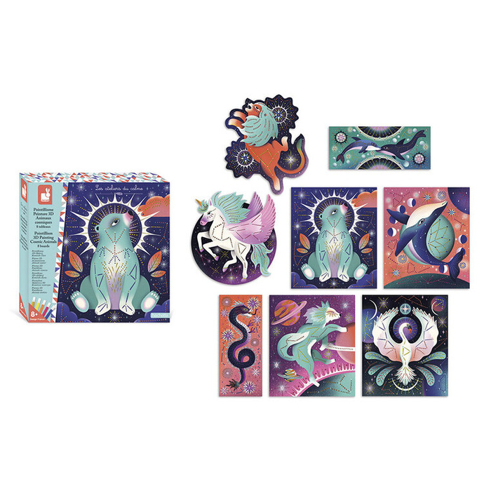 Zestaw kreatywny z farbkami Malowanie kropkami Puentylizm 3D Kosmiczne zwierzęta Janod J09168