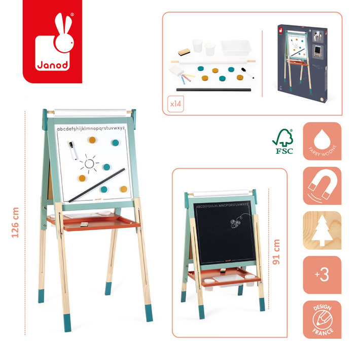 Duża tablica dla dzieci z regulowaną wysokością i 14 akcesoriami Janod J09625
