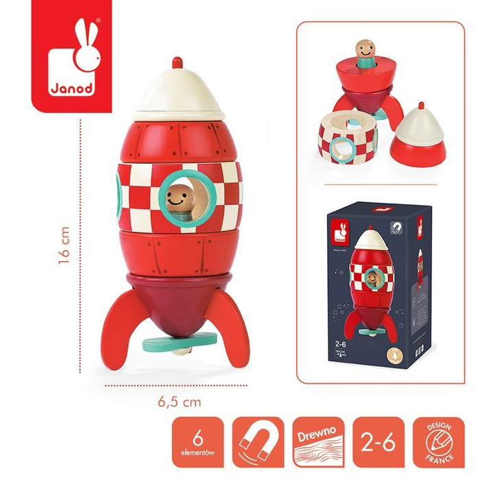 Drewniana, mała, magnetyczna rakieta, "Czerwona strzała", JND05207-Janod, zabawki dla chłopców