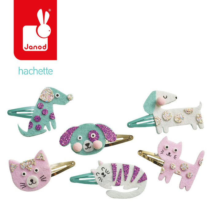 Zestaw kreatywny do tworzenia biżuterii brokatowe spinki do włosów Pieski i kotki Janod J09181