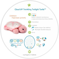 Lampka nocna z projekcją świetlną Cloud b® Twinkling Twilight Turtle™ Aqua CLTT-7323-T2 Żółw różowy dla najmłodszych