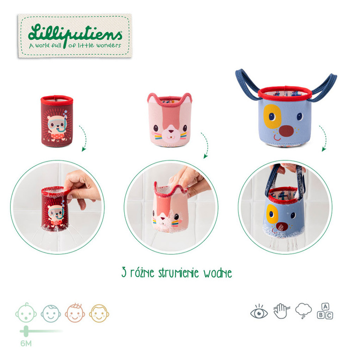 Zestaw 3 miękkich kubeczków do kąpieli Lilliputiens 83584 Piesek Jules Zabawka sensoryczna dla niemowląt