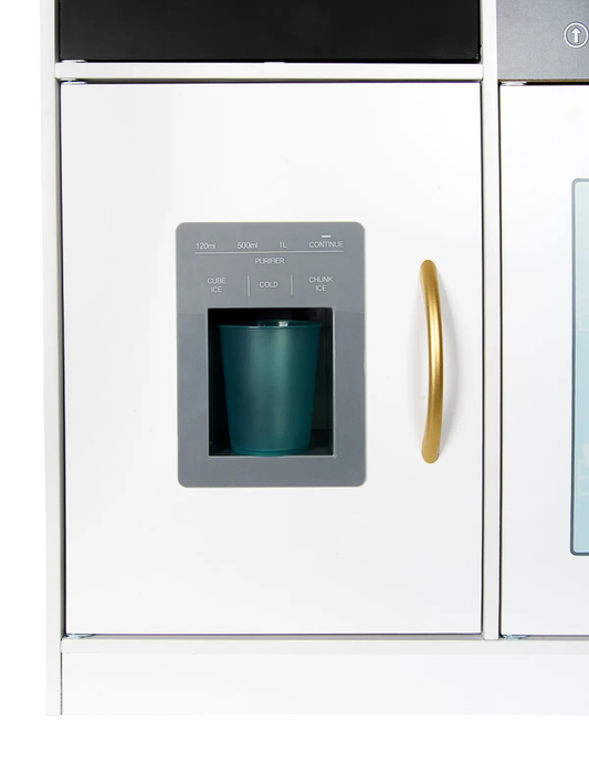 Kuchnia drewniana dla dzieci z kostkarką do lodu tablicą kredową telefonem z dźwiękiem i światłem