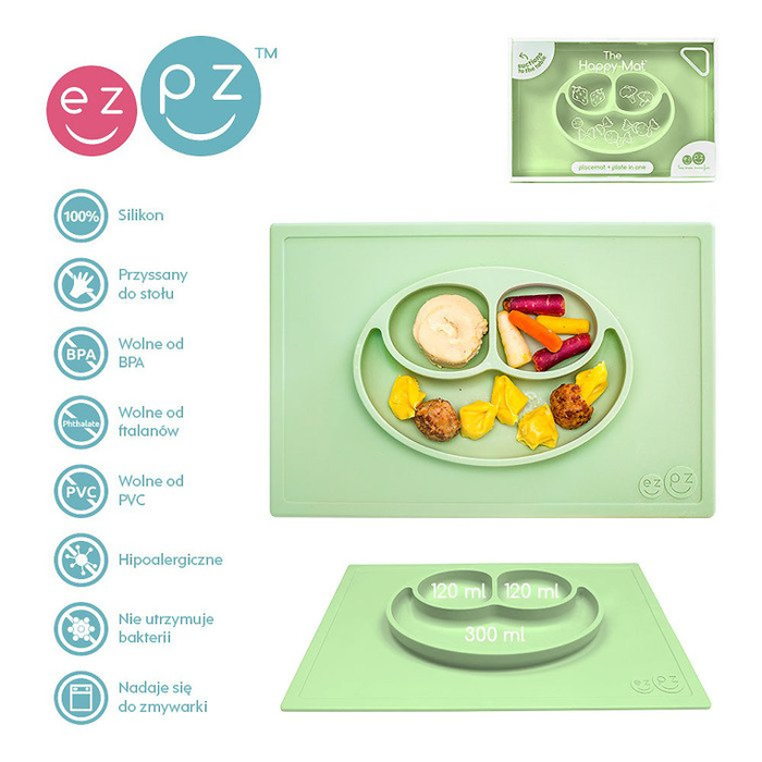 EZPZ Silikonowy talerzyk z podkładką 2w1 Happy Mat pastelowa zieleń EUHMS001- EZPZ, naczynia dla dzieci