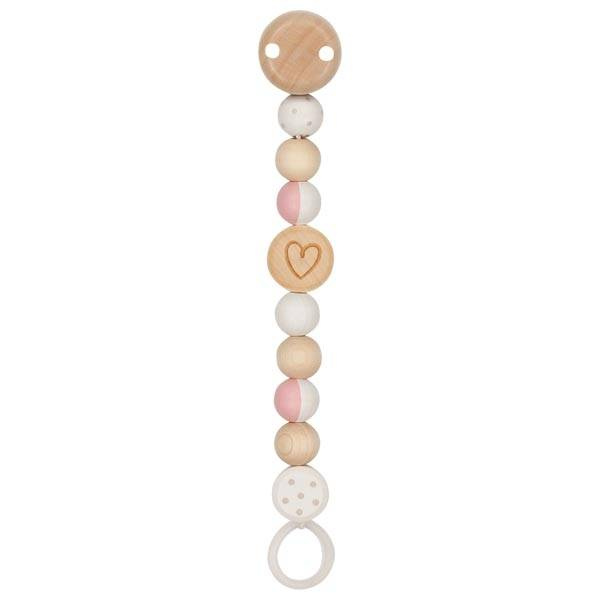 Drewniany łańcuszek do smoczka Serduszko biel i róż 65216-Goki Baby, prezent dla niemowlaka