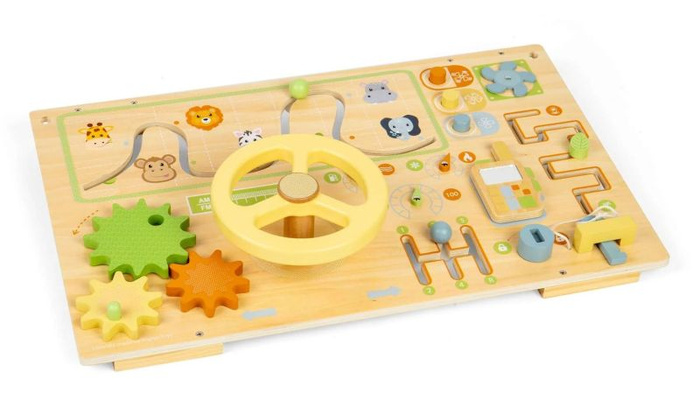 Tablica manipulacyjna dla dzieci z kierownicą i wieloma atrakcjami Dżungla Bigjigs 37081 Drewniane zabawki dla dzieci