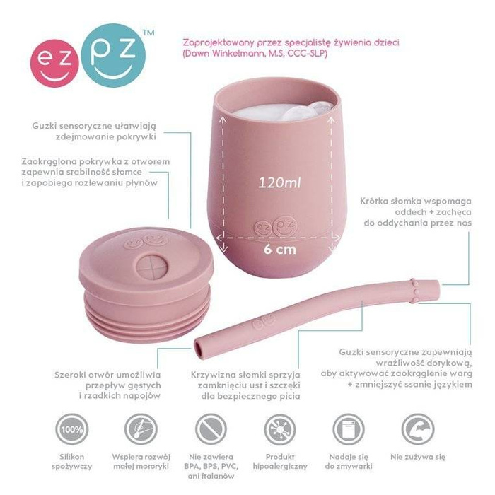 Silikonowy kubeczek ze słomką Mini Cup + Straw Training System pastelowy róż EUSTB005-EZPZ, kubki dla dzieci