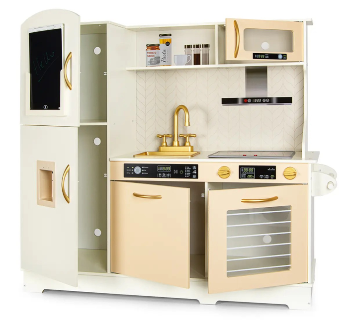 Kuchnia drewniana dla dzieci z ekranem LCD automatem do wody i płytą indukcyjną emitująca dźwięk i światło