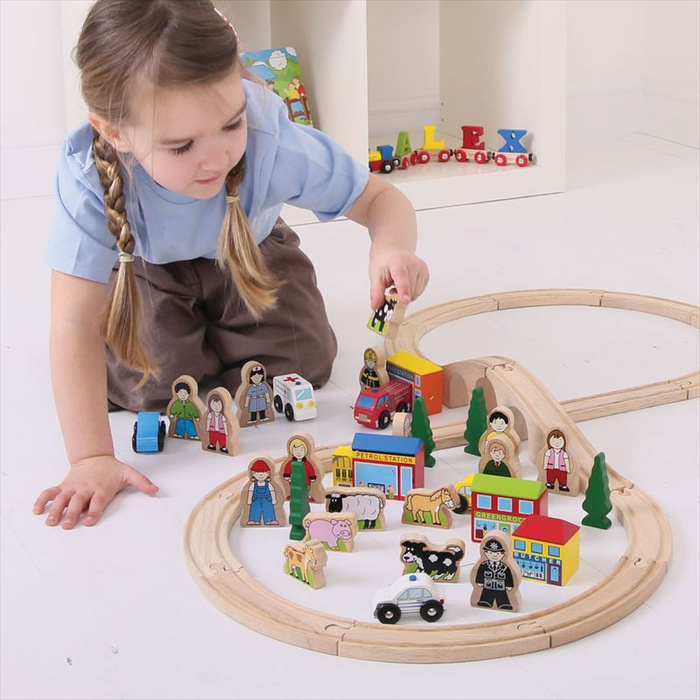 Zestaw akcesoriów do kolejki dla dzieci Bigjigs Rail BJT054 budynki figurki drewniane