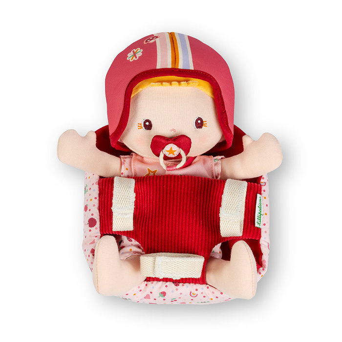 Lalka Dzidziuś Lena w foteliku rowerowym Lilliputiens 83633 z kamizelką i kaskiem na wycieczki i do przytulania