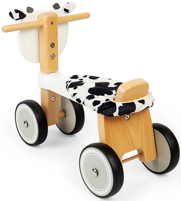 Drewniany rowerek jeździk dla dzieci 4-kołowy Łaciata Krówka Bigjigs 36057