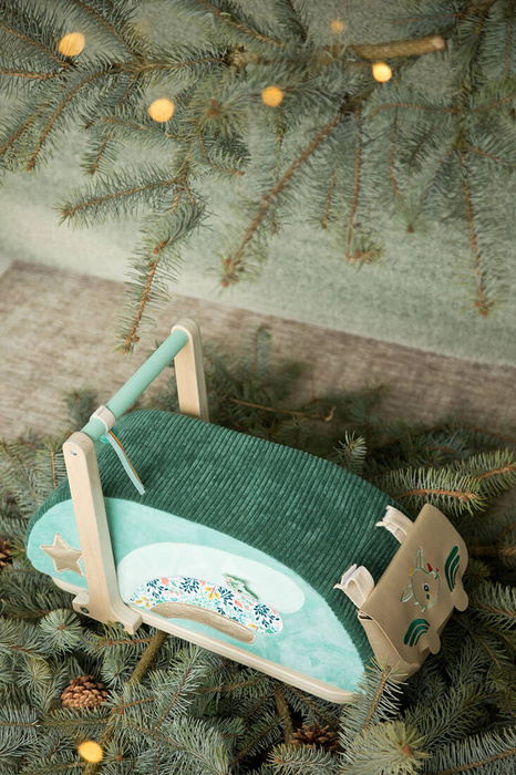 Drewniany jeździk 2 w 1 z miękkim siedziskiem i torebką Smok Joe 12 m+ 83466 LILLIPUTIENS