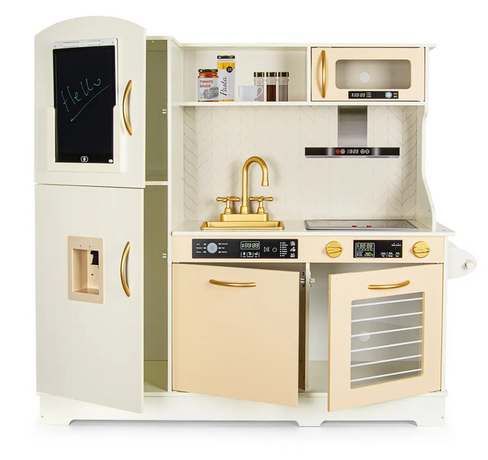 Kuchnia drewniana dla dzieci z ekranem LCD automatem do wody i płytą indukcyjną emitująca dźwięk i światło