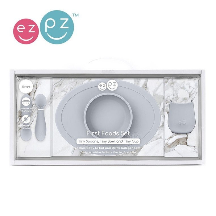Komplet pierwszych naczyń silikonowych First Foods Set pastelowa szarość EUFFP003-EZPZ