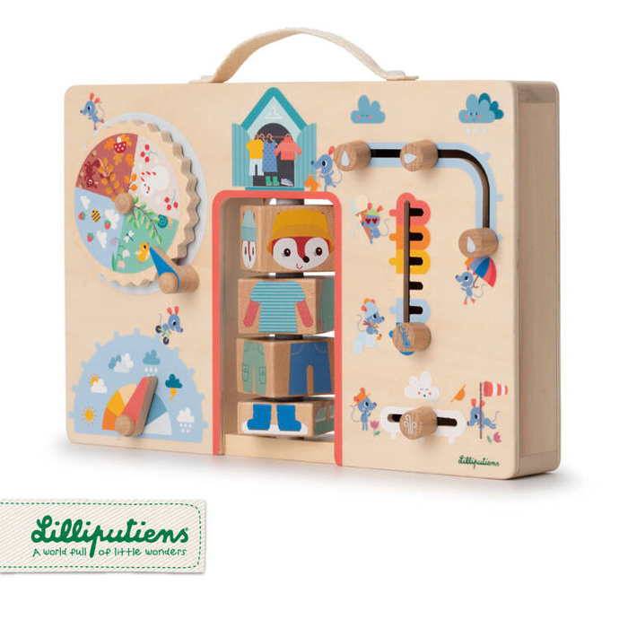 Drewniana tablica manipulacyjna walizka Ubranie na każdą pogodę Lisiczka Alice Lilliputiens 83556