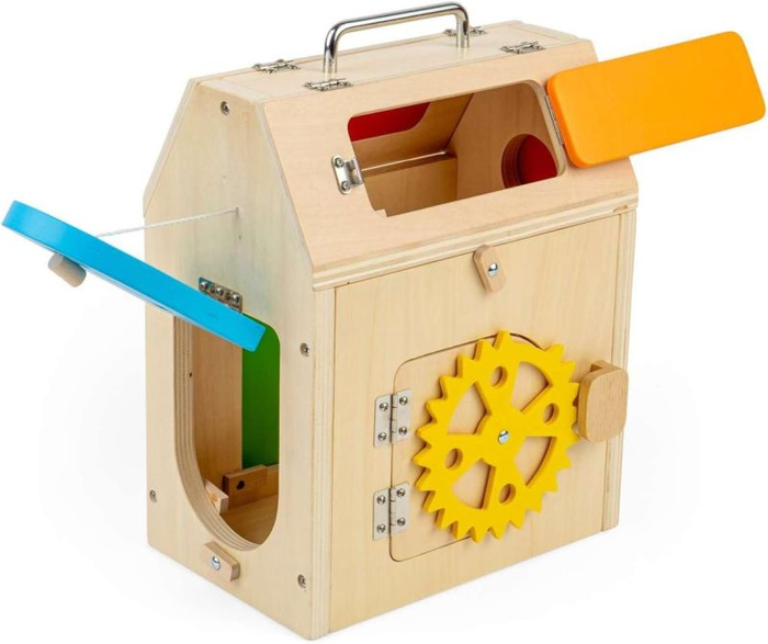 Domek manipulacyjny z zamkami i kółkami zębatymi Bigjigs 37004 Drewniane zabawki dla dzieci