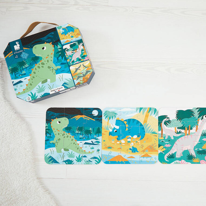 Puzzle progresywne w walizce Dinozaury 4 układanki 6, 9, 12 i 16 elementów J02541 Janod