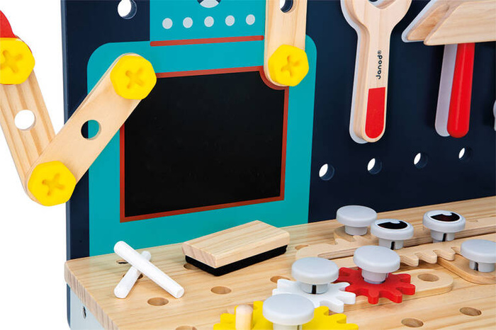 Duży stolik z narzędziami 60 el warsztat drewniany magnetyczny Robot Brico Kids Janod J06457
