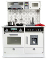 Drewniana kuchnia dla dzieci Biała nowoczesność z dźwiękiem oraz światłem i akcesoriami, zabawa w gotowanie