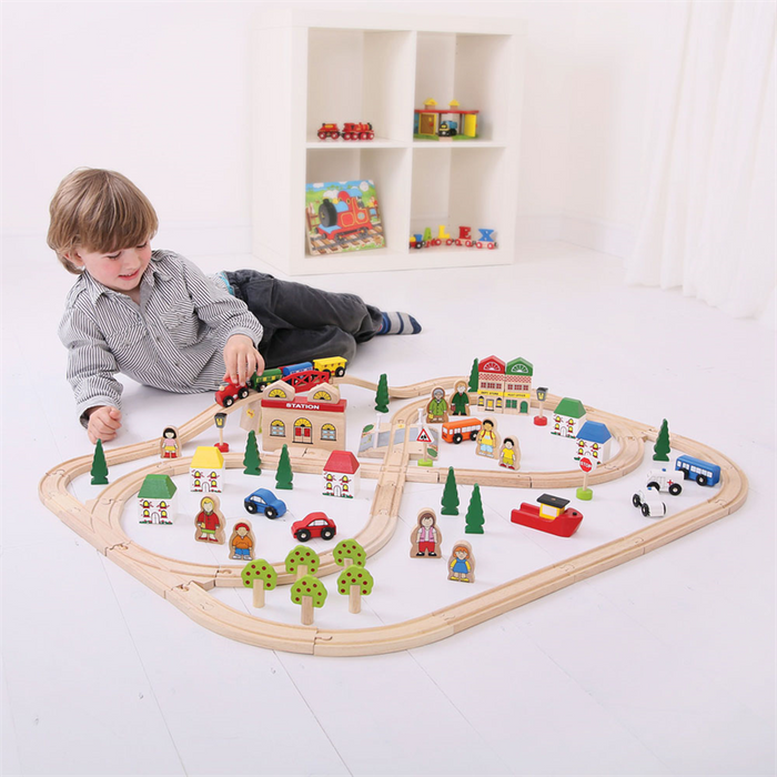 Kolejka drewniana z dodatkami 101 el. Miasto i wieś BJT015-Bigjigs Rail