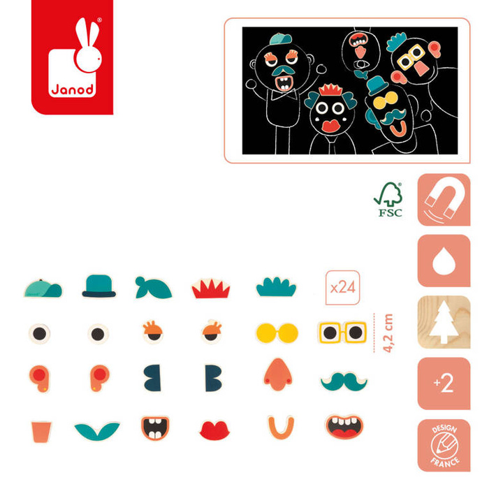 Zestaw drewnianych magnesów Portrety 24 szt. Janod J09644