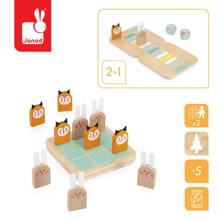 Zestaw drewnianych gier strategicznych 2w1 Kółko i krzyżyk Wyścig Taktik J02472 Janod