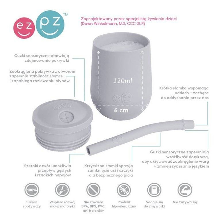 Silikonowy kubeczek ze słomką Mini Cup + Straw Training System pastelowa szarość EUSTP003-EZPZ, kubki dla dzieci