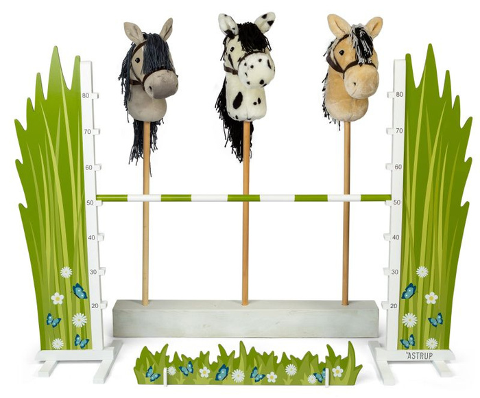 Zestaw dla Hobby Horse Koń na kiju beżowy z otwartą buzią i przeszkoda łąka Astrup