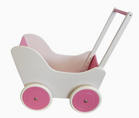 Biało-różowy wózek z drewna dla lalki - zabawki dla dziewczynek