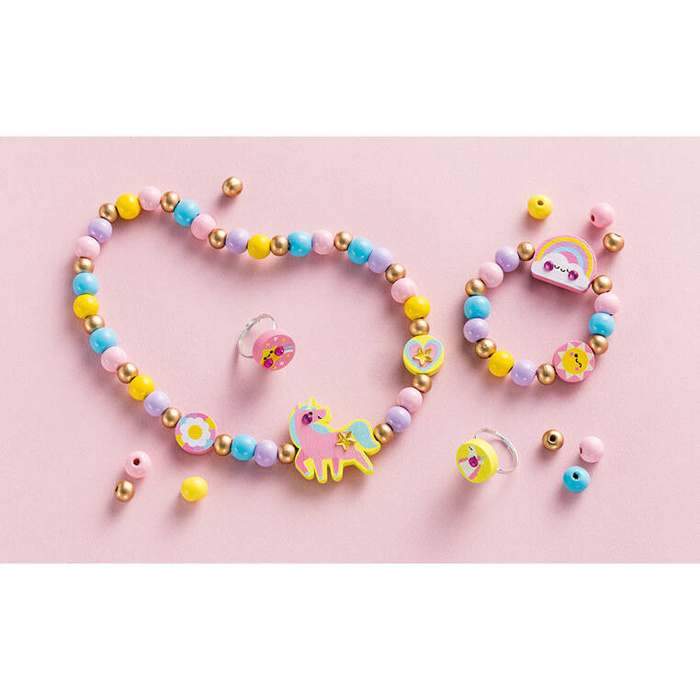 Zestaw kreatywny do tworzenia biżuterii z drewna bransoletka naszyjnik 2 pierścionki Tęczowa kraina J09129 Janod